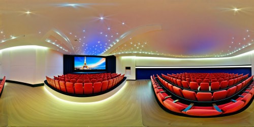 An awe-inspiring, pristine IMAX theater boasting colossal screens, neon seats glowing vibrantly amidst sleek architecture, enveloped under a starlit ceiling, a flawless display in ultra-high resolution.