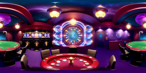 Masterpiece-quality elements, panoramic VR360 casino scene, roulette tables, poker chips, neon lights. Ultra-high resolution, shimmering chandeliers, velvet drapes. No human interaction, unobstructed VR360 view. Pixar-style detailing, dramatic shadows, vibrant colors.