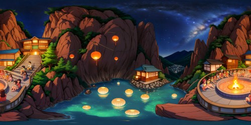 a japanese open air hot spring nestled in the mountains at night, under a starlit sky with floating lanterns, the bath is filled with many fantastical nude women of varying ages and races such as elves, dwarves, gnomes and beast women