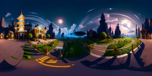 Ultra-high-resolution VR360, venerable-cityscape, colossal-rabbit-shape skyline, architectural-marvels, digital-painting masterpiece style, VR360 moon-glow radiance, star-studded heavens, perplexing shadow-play.