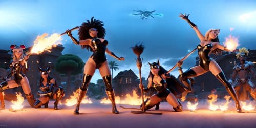 five african american women wearing leotards and thigh high boots. two of the women have dreadlocks. they are superheroes. one is carrying a large flaming hammer.