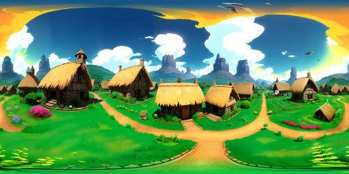 Ultra high-resolution village panorama, thatched-roof homestead, distant timbered barn, meandering cobblestone paths, verdant green fields, VR360 horizon line. Colorful, vibrant Pixar-style execution, encapsulating a homely feel in VR360 view.