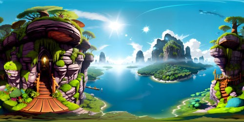 Ultra-HD masterpiece, sublime VR360 rock formations, towering forest backdrop. Detailed, high-resolution grotto, moss-covered walls. Crystal clear VR360 view, vivid fantasy art style, lush greenery, depth and texture. Enchanting, immersive environment.