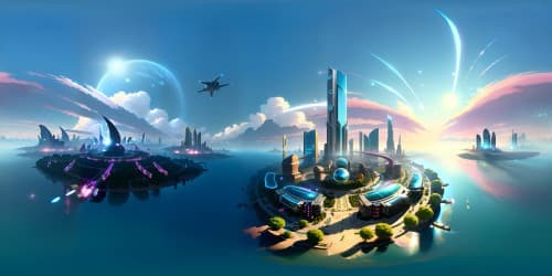 Pixar-style grandeur, VR360 metropolis, cartoonish curvaceous skyscrapers, ultra-high res. Oversized luminous dials, gigantic floral-inspired clouds, intertwining color palettes. VR360 animated city, vibrant masterpiece, inviting cityscape view. Forbidden iconic character reference.