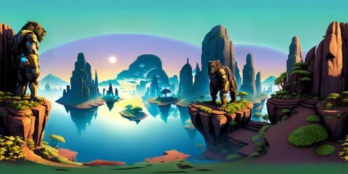 Masterpiece VR360 view, ultra-high resolution, colossal stone gorilla sculpture silhouette against twilight sky, subtle mosaic texture on gorilla, detailed rock formations, panoramic landscape, Pixar-style.