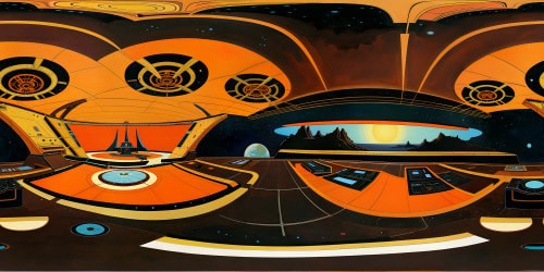 A breathtakingly intricate and flawlessly detailed spaceship command room floating in the cosmic void, bathed in warm orange hues and sleek black accents, with symmetrical screens and showroom floors, illuminated by ethereal volumetric lighting, showcasing unparalleled artistry and visionary design in an ultra-high-resolution 360 panorama of stunning craftsmanship.