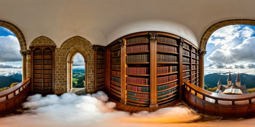 Impeccably detailed medieval university library with towering bookshelves filled with ancient tomes, exuding an aura of mysterious knowledge and intricate craftsmanship in flawless ultra-high resolution.