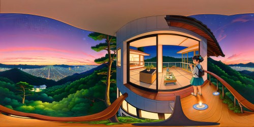 view from the balcony of an ultra futuristic Edo-modern inspired home on a densely forested hill of Japan, at dusk. other ultra futuristic luxury Edo-modern homes can be seen nestled among the hills in the foreground and in the distace, the warm light from the glowing like candles. Tranquil, uplifting atmostphere.