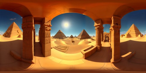 VR360 of Ancient Egypt, pyramids, monumental sphinx, Nile river bends, expansive golden desert. Ultra-high resolution, tasteful contrast of sun-drenched sandstone and cool blue river. Masterpiece of VR360, revival of hieroglyphics, sand-swept ruins, serene sunset. Pixar-style, immersive visuals, dynamic lighting, stylized texture detailing.