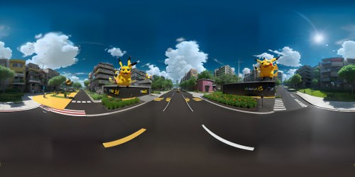 "Pikachu-themed VR360 canvas, vibrant yellows and blacks. Detailed electric sparks, surreal clouds shaped like Pokeballs. Bright, crisp visuals in an ultra-high-resolution VR360 panorama. Style: Anime-infused, pop art twist."