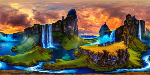 An awe-inspiring, meticulously crafted fantasy realm adorned with towering crystal spires, cascading waterfalls, ethereal floating islands, vibrant bioluminescent flora, under a kaleidoscope of swirling iridescent skies, in 8K resolution perfection.