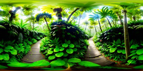 Masterpiece quality, VR360 rainforest panorama, ultra-high res. Lush, towering ferns, vivid orchids, limitless green canopy. Overhead, brilliant azure sky peeking through foliage. Surreal art style, saturated colors, intricate detailing of plants. VR360 immersion into untouched wilderness.