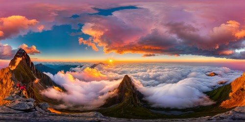 Perched atop a majestic mountain peak, witnessing an endless, breathtaking cloudscape at sunset, vibrant hues of pink, orange, and purple painting the sky, an ultra-high-resolution masterpiece capturing every detail flawlessly.