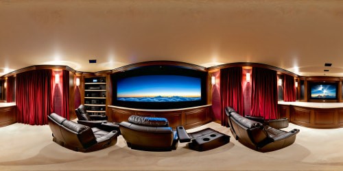 A luxurious home theater with cozy fireplace, elegant velvet curtains, plush leather recliners, and a massive screen displaying crystal-clear, high resolution images, all warmly lit by the flickering fireplace glow, creating a flawless cinematic haven.