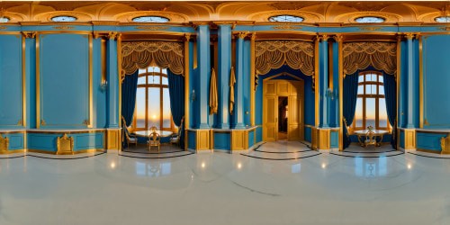 A regal palace chamber bathed in sunlight, adorned with sky-blue walls, opulent gold furniture, and radiant marble floors, emanating an atmosphere of exquisite luxury and impeccable grandeur. Sunlight streaming through tall windows and glass balcony doors, casting a warm glow on the lavish interior, a flawless display of opulence and elegance.