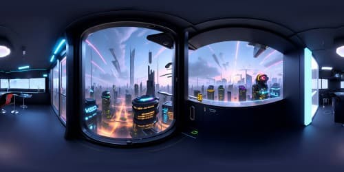 VR360, high-tech urban living space, cybernetic cityscape vista, apartment window offering exquisite skyline view, vibrant neon hues, ultra HD quality, masterpiece caliber, VR360 exterior glimmering with futuristic architectural design