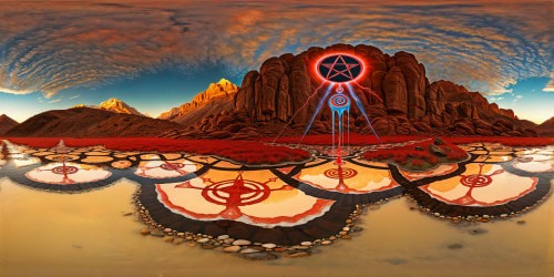 a photorealistic psychadelic landscape with crowlean occult symbols in the landscape forms and a stunning beautiful naked goddess that it flows milk and blood from. many details in the picture fit for a meditative object.