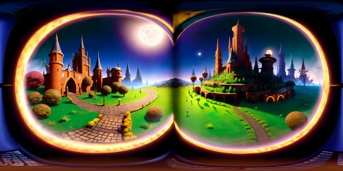 VR360 view, pizzeria setting in moonlight, silhouette of animatronics, gleaming party tables, vividly colored arcade machines in distance. Style: Pixar-inspired art, high-definition textures, look of gentle nostalgia, masterfully rendered. VR360 immersion, sense of eerie calm.