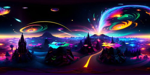 Masterpiece quality, ultra-high resolution, VR360 panoramic view. Glossy oil painting style, meticulous detailing, luminous color gradients. Expansive landscape, floating islands, whimsical cloud formations, radiant celestial bodies. VR360 immersive experience, top-tier aesthetic, surreal luminescence.
