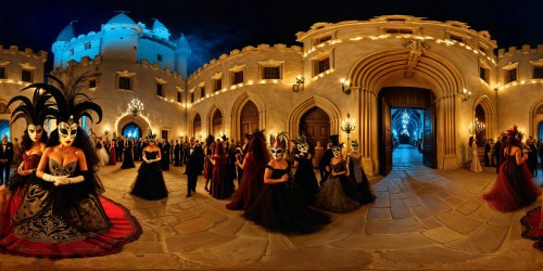 An opulent masquerade ball set in an ancient, grand castle, with intricately detailed masks of eerie yet endearing Halloween animals and jesters, under the haunting glow of flickering candlelight, swirling mists, and shadowy cobwebbed corners, an epic scene to behold in ultra-high resolution perfection.