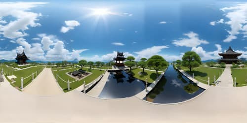 Ultra high-resolution VR360, Japanese temple floating on fluffy white clouds in center of view, opulent blues and bright sunshine. Expansive sky scene, midday lighting, VR360 marvel.