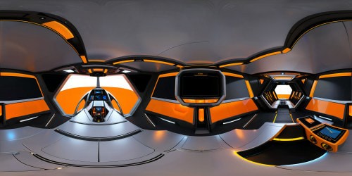 Peer into the breathtaking expanse of a flawlessly rendered VR360 spaceship interior—a stunning masterpiece in ultra high-resolution. Behold the sleek command deck with orange-lit control panels illuminating a metallic ambiance, soft light reflections revealing holographic displays and futuristic screens, exuding a cyberpunk influence. Immerse yourself in the intensity of the orange theme, bask in the VR360 futurism brought to life by unreal engine 16k rendering, with photorealistic brilliance enhancing the VR360