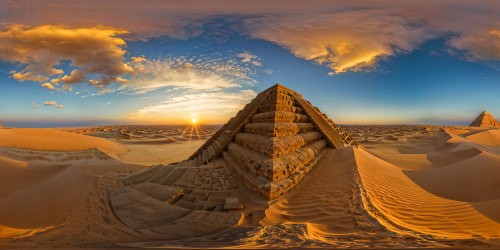 A colossal pyramid dominates the vast desert expanse under a fiery sunset, intricate stone carvings glistening in the fading light, flawless golden sand dunes casting elongated shadows, a breathtaking masterpiece meticulously rendered in ultra-high definition perfection.