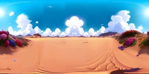 Masterpiece, ultra high-res VR360, sun dominating azure sky, golden beach extending to horizons, photoreal style. VR360 sprinkle of diverse flowers, attention to miniscule detail, vibrant petals contrasting sandy backdrop.