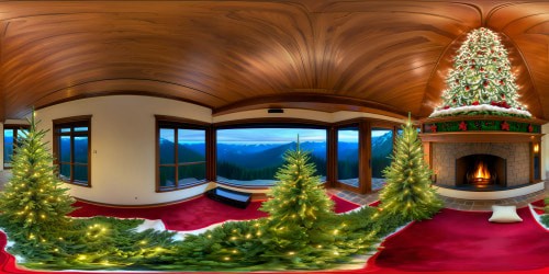 A flawless, breathtaking living room with a small, vibrant green pine tree, intricately decorated with shimmering ornaments under the warm glow of a crackling fireplace, casting cozy shadows on rich mahogany floors, capturing the essence of winter tranquility in impeccable 8K resolution.