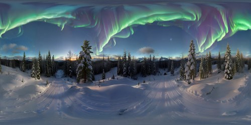 VR360 masterpiece ultra high-res, ultrarealistic snow dusted forest tree valley from a mountain overlook, starry night sky with northern lights. remote wilderness. VR360 soft light illumination, fine detailing