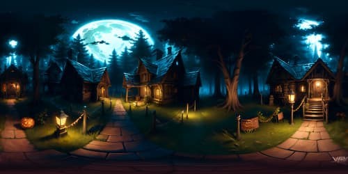 Masterpiece VR360, ultra HD, solitary Jack O' Lantern house. Dark, twisted forest surrounding, high detail, eerie. Emulate best quality, mix of realism and fantasy art. Remote, forlorn, VR360 immersive.