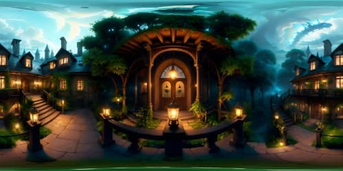 Masterpiece VR360, ultra-high-res treehouse nestling in lush canopy, intricate woodcraft details. Winding staircase spiraling upwards, enchanted lanterns suspended in mid-air. Pixar-style warmth, enriched textures, gentle luminescence. Fantasy meets reality, VR360 splendor.