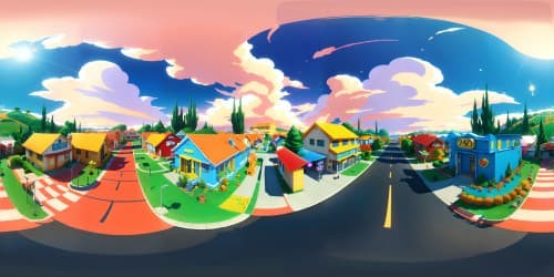 Simpsons-inspired VR360 view, Springfield-esque cityscape, dazzling neon billboards, iconic locations, high-quality cartoon, ultra-high resolution, panoramic masterpiece, VR360 immersion, bright, vibrant colors, stylized clouds.