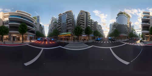 In the middle of a city street nightlife with cars driving on the left side of the road in the opposite direction People walking around and skyscraper in the background