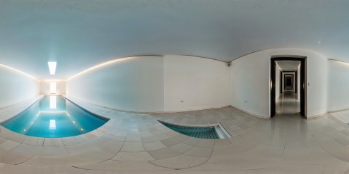 Inside the vast, towering indoor liminal pool, the impeccable white minimalist tiling mirrors a captivatingly haunting atmosphere, the pristine surfaces elevating the flawless, ultra-high-resolution work of art to a mesmerizing level of perfection.