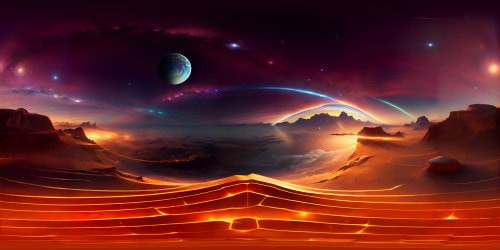 Masterpiece quality VR360 perspective, celestial bodies in hyper-realistic detail, twinkling stars, swirling galaxies. Ultra high-resolution VR360 scene, cosmic backdrop, comets' trails, nebula clouds. Zero land visibility, infinity expanse. Artistic style: hyperrealism.
