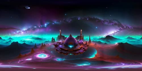 Masterpiece nebula, ultra-high resolution, VR360 vastness, lush alien planet, turquoise oceans, amethyst mountains, velvet indigo and violet skies. Stylized cosmos, smoky swirl of sapphire, cobalt, lavender. VR360 surreal art-style nebula, ethereal space glow.