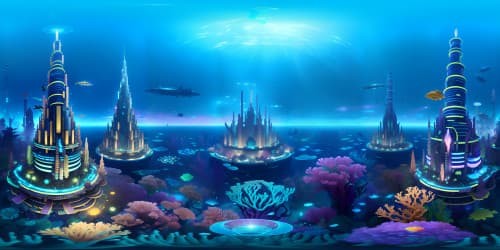 VR360 view of sunken metropolis, towering coral skyscrapers, bioluminescent cityscape illumination. Sea flora entwining architecture, myriad of marine species in high-resolution details. Deep-sea treasure trove, grandeur unmatched. Encasement in a masterful art of undersea spectacle, ultra HD quality, VR360