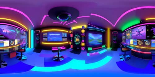 Ultra high-res gaming room, VR360 panorama of cutting-edge screens, myriad of neon RGB lights, extravaganza of futuristic gaming devices. Masterpiece of gaming technology, VR360 view of high-tech, pulsating ambience. Advanced computer towers, immersive controllers, racing simulators. Style: sleek, modern, digital realism.