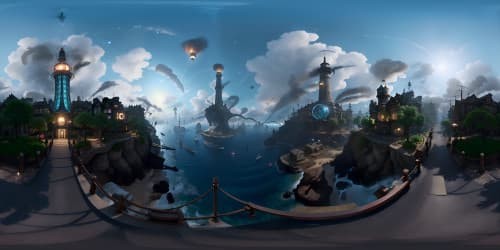 Masterpiece-quality VR360 scene, BioShock Infinite-inspired, ultra-high resolution. Key elements: Steampunk metropolis, floating cityscapes, lighthouse beacon. Style: Surreal art, intricate architectural detailing, vibrant color contrasts. Emphasize expansiveness, verticality, atmospheric perspective.
