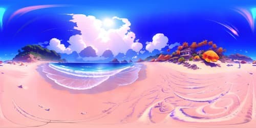 Masterpiece VR360, ultra high-res beach scene, glittering sands meeting azure waves. Sparse palm tree silhouettes adding depth, vibrant sunset sky with purple and orange hues, intense VR360 immersion.