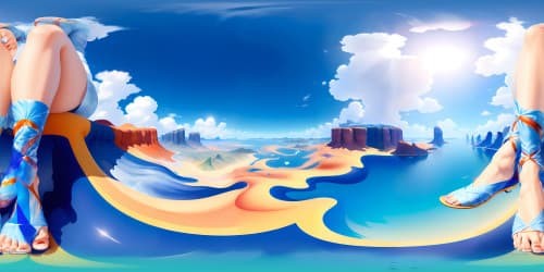 VR360 vantage point: beneath giant's feet, ultra high-res textures. Masterful watercolor style, dreamy soft pastels for skin tones. Expansive sky view, glimpses through toes. Focus on soles detailing, amidst elegant cloudscape.