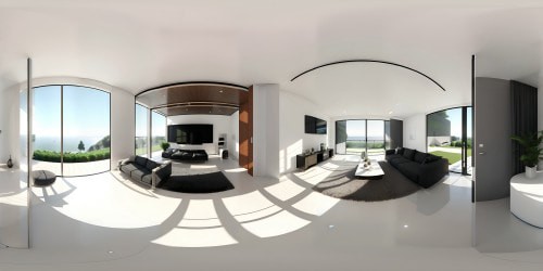 VR360 ultrahigh resolution, photorealistic modern living room, nestled within grand concrete archways. Large window frames foggy seascape, ethereal small island peeking through. Sleek furnishings, minimalistic décor. VR360 view: modernity blended with nature's mystery. Style: Masterpiece, best quality.