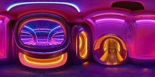 A futuristic cyberpunk chamber underground, bathed in neon hues of pink and purple, features intricate circuit patterns glowing in ultra-high resolution, casting a hypnotic, digital sheen on the metallic surfaces under a dim, artificial light.