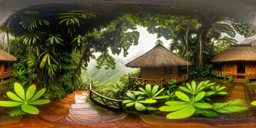 Nestled amidst a lush, verdant rainforest, a quaint, small cottage shrouded in mist, rain-kissed wooden exterior gleaming, vibrant green foliage draped over its thatched roof, lantern light softly glowing through the downpour, creating a tranquil, serene atmosphere of enchantment and solitude.