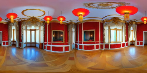 Luxurious and decadent, brothel interior, plush velvet, gold trimmings, red lanterns. Style: hyper-realistic, ultra-high resolution. Feels like a Rococo painting; vibrant textures, intricate patterns. VR360 perspective: grandiosity, lavishness. VR360 presentation: vivid colors, deep shadows.