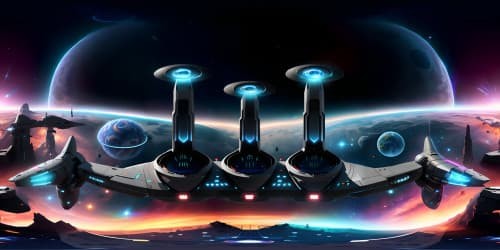 Ultra HD, VR360 masterpiece, sci-fi command bridge perspective, ambient night viewing. Panoramic VR360 galaxy, clustered stars, nebula swirls, cosmic blues and purples. Futuristic console, backlit controls, holographic displays, digital painting in pixellated style. High-resolution, immersive VR360 experience, desktop visual.