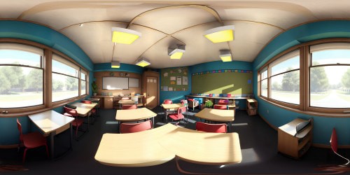 Masterpiece quality, ultra-high-res VR360 scene, 1990s school classroom, chalkboard focus, retro wooden desks in the periphery. Detailed wall maps, globe, vintage posters for immersive VR360 view. 90s pastel color scheme, Pixar-style rendering.