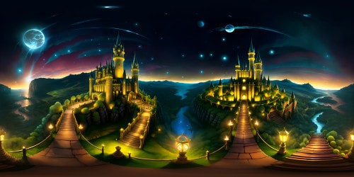Grand castle atop hill, spiraling towers, shimmering in moonlight. Stained glass windows, glowing with magic. Infinite starry sky backdrop, VR360 surreal art. Floating candles in mid-air, luminescent pathways guiding through school grounds. VR360 Hogwarts, digital painting style, maximum detailing.