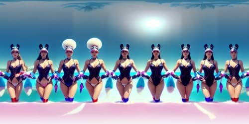 Masterful VR360 scene, ultra-high resolution, quintet of distinct princesses, mature elegance in white fur, pink accents. Lustrous red lip gloss application. Diversity through clear blue eyes, golden hair. Atypical postures, uplifting arms. Focus on petite details, armpits, feline ears. Ultra-definition VR360 experience, photorealistic, refined style.